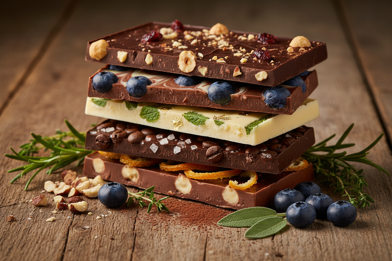 Ich möchte 4-5 Tafelschokoladen, die aufeinander liegen. Die Ansicht soll von der Seite sein. Es soll lecker aussehen. Gerne dürfen ein paar Zutaten wie gehackte Haselnüsse, Blaubeeren und Wildkräuter zu sehen sein